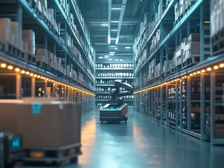 A modern warehouse with automated robots efficiently organizing goods on shelves, highlighting advanced technology in logistics.