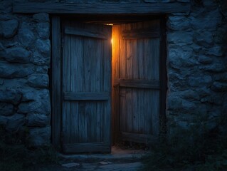 An old wooden door with a glowing light shining through a crack in the door set in a stone wall at night.