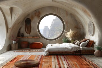 Serene Earthy Bedroom with Circular Window and Natural Decor