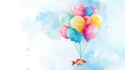 Colorful balloons lifting a fish against a whimsical watercolor sky