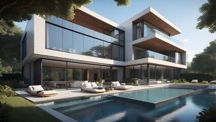 Fototapeta premium Architectural exterior design of lush green backyard of a palace with a crystal clear swimming pool filled with water of a house 