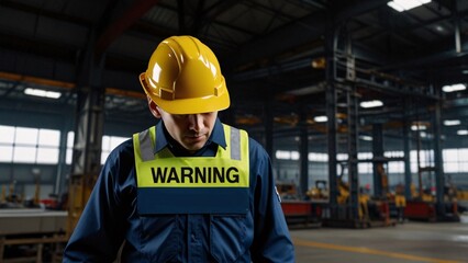 Employee wear yellow helmet shirt text warning safety in industry factory.