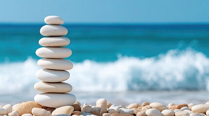Stacked pebbles balanced precariously on a rocky beach with waves crashing in the background, pebbles, balance