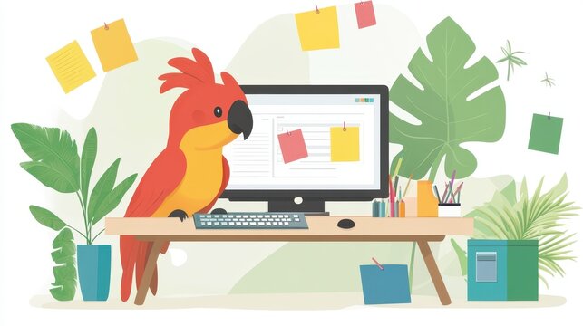 Colorful parrot at home office desk with plants and sticky notes