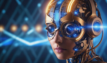 Naklejka premium A close-up of a female android robot with glowing blue eyes and a metallic gold head