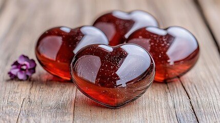   A few heart-shaped glass vases sit atop a wooden table alongside a small purple bloom