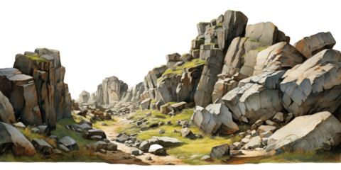 Rocky rugged landscape with stones on white background,png