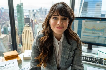 Fototapeta premium Business woman working in modern office with city view 