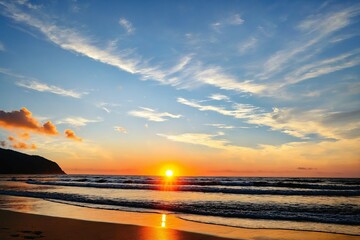 A beautiful sunset scene on a peaceful ocean beach, perfect for travel or nature-inspired themes