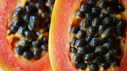   A papaya cut in half on a white surface with seeds
