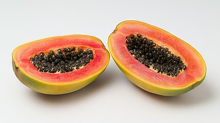   Half-cut papaya sitting on white table beside half-cut papaya