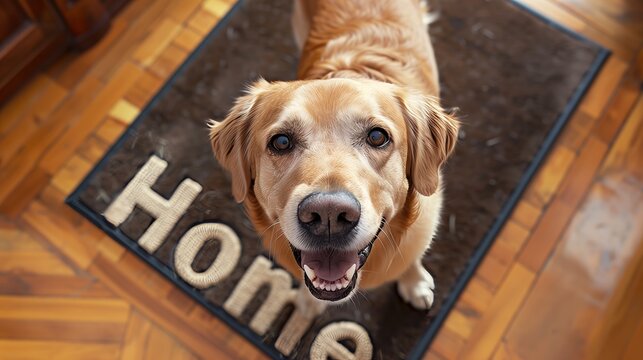 Domestic Labrador dog sits on a rug at home, joyfully greeting its owners - Powered by Adobe