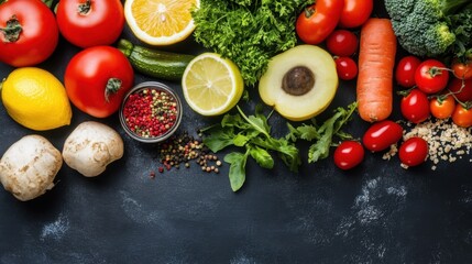 Variety of fresh vegetables, fruits, and spices on dark background