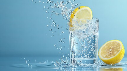   A glass of water overflowing with splashes and two lemons positioned beside it