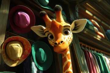 Obraz premium Curious cartoon giraffe in vibrant hat store with colorful accessories