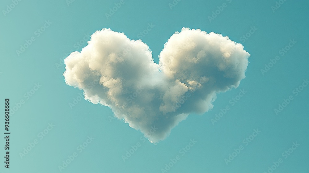 Poster   A heart-shaped cloud floats in a blue sky, with a plane flying by in the background