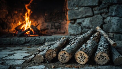 Stack of firewood in front of a fireplace with burning flames.