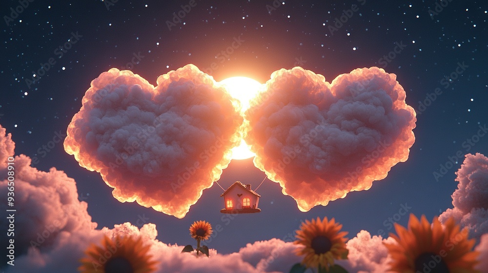 Wall mural   Heart-shaped cloud centered in clouds, sunflowers in foreground