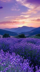 Fototapeta premium In a tranquil setting, vibrant lavender blooms cover the landscape, leading the eye toward majestic mountains as the sun sets in a colorful sky
