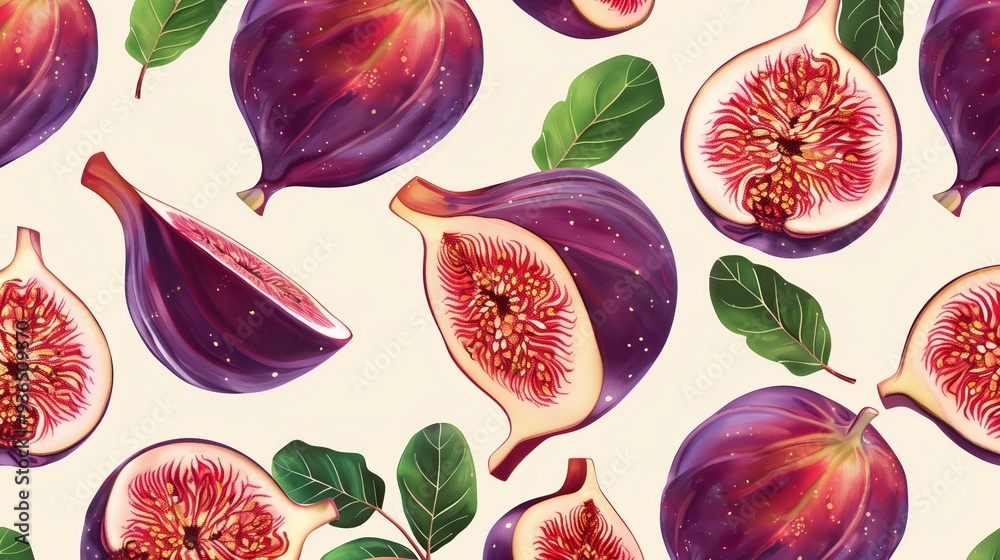 Wall mural Fig fruit pattern. Tropical ripe exotic summer food wallpaper background, healthy sweet organic plant illustration art, botanical backdrop print 