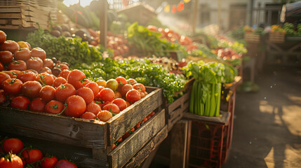 Empty farmers market stalls with tomatoes and greens. Generative by AI