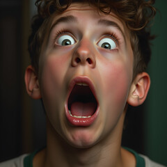 Close-up of a young boy with an expression of shock, wide eyes, and mouth open in surprise.