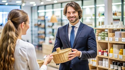 Friendly and approachable retail sales representative assists a customer, smiling and holding a product in a well-organized and brightly lit department store setting.