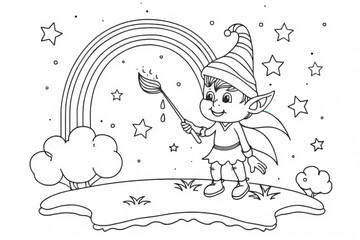 A cheerful fairy character with pointy ears and a striped hat, painting a rainbow with a magic brush, in a whimsical landscape.
