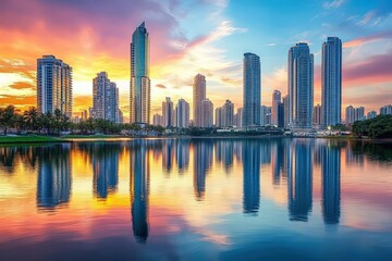 Fototapeta premium A city skyline is reflected in a body of water, generative ai image