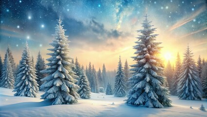 Fototapeta premium Frosted evergreen trees stand tall amidst a serene winter wonderland, surrounded by gently falling snowflakes and a soft, mystical mist.