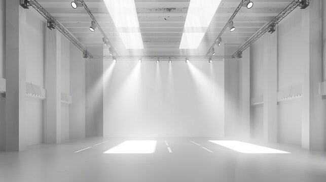 Nobody in empty white studio with spotlight lamps. Illuminated photographer place, bright reflector, professional equipment in a room, fashion show place