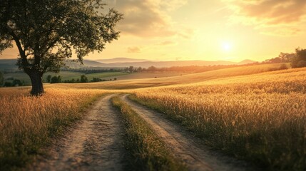 Dirt road through a golden wheat field at sunset with tree and mountains in the background