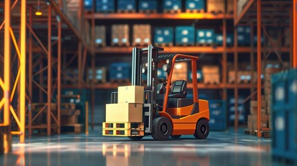 Orange and black forklift truck lifting wooden pallet full of cartoon boxes in a warehouse full of containers and packages. Industrial storage vehicle doing product distribution, storehouse logistics 