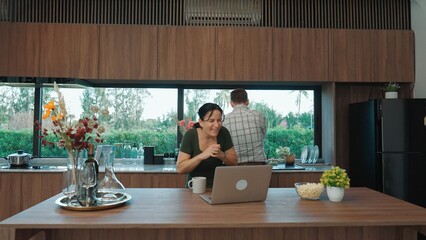 Lovely old marriage couple contact friend or relative through internet network with laptop . Seniors have happy relationship and family. Globalization technology connect far away person. Divergence.