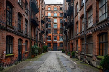 Obraz premium Charming Cobblestone Alleyway Surrounded by Historic Red Brick Buildings