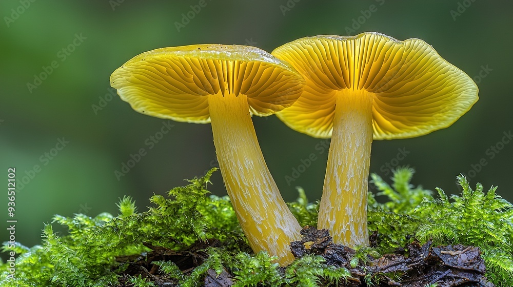 Wall mural two yellow mushrooms resting atop a green patch of moss with lichen covering