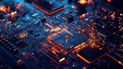 Obraz premium Close-up of electronic circuit board with glowing blue and orange lights