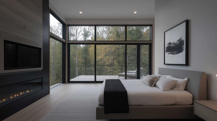 TV mockup above linear fireplace | Contemporary bedroom with floor-to-ceiling windows and private balcony | Sleek design, nature views, and minimalist decor