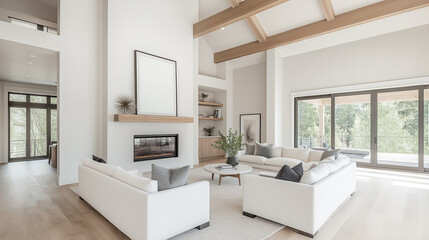 Framed artwork above fireplace | Modern open-plan living room with vaulted ceilings and natural wood beams | Neutral decor, large windows, and spacious layout