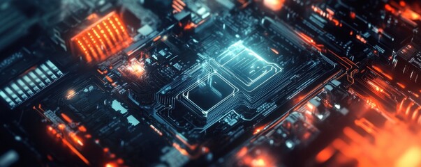 Obraz premium Close-up of a high-tech electronic circuit board with blue and orange lights