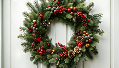 Traditional Christmas Wreath with Pine Cones and Red Berries on White Door