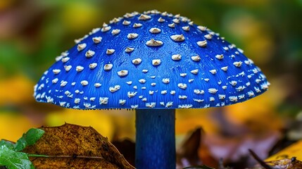   Blue mushroom on leaves in green forest with yellow and brown leaves