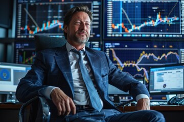 Fototapeta premium Businessman Monitoring Stock Market Trends in Evening Office