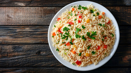 Indulge in a flavorful and nutritious couscous dish featuring fresh vegetables and herbs, set on a charming wooden table