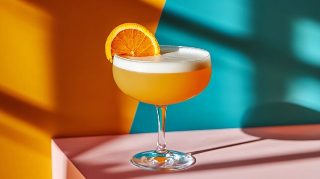A creative Aperol Sour with an orange slice, set against a bold, modern backdrop with vibrant colors and geometric patterns