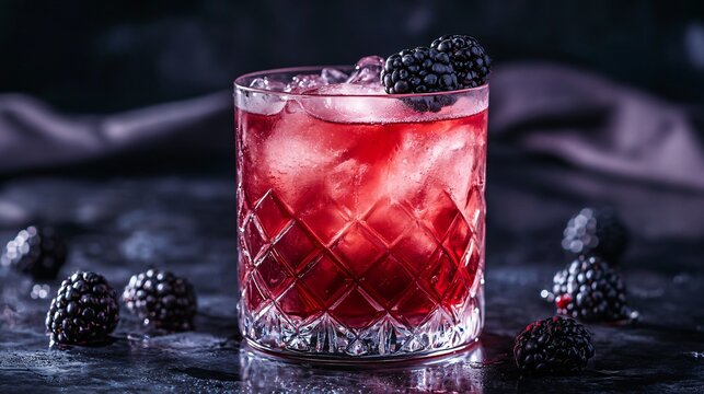 A creative Bramble cocktail with blackberry garnish, isolated on a dark background with bold, moody lighting