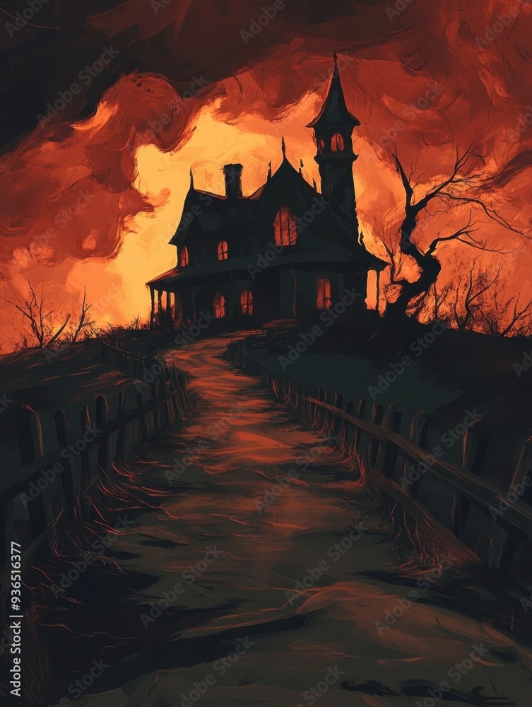 Poster a painting of a creepy house with a long path leading to it