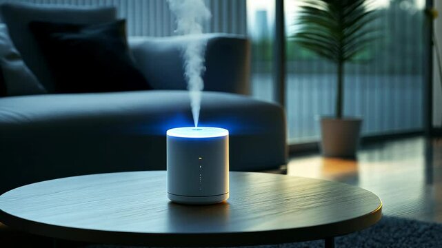 Modern air humidifier in modern living room interior. Essential oil aroma diffuser emitting mist, enhancing air quality. Home wellness and relaxation. Humidity control.
