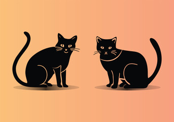 Elegant Black Cat Silhouettes on Warm Gradient Background - Vector Illustration