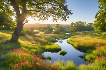 Landscape of sky, flowers, trees and streams, warm light, like in a fairy tale. beautiful scenery background pictures